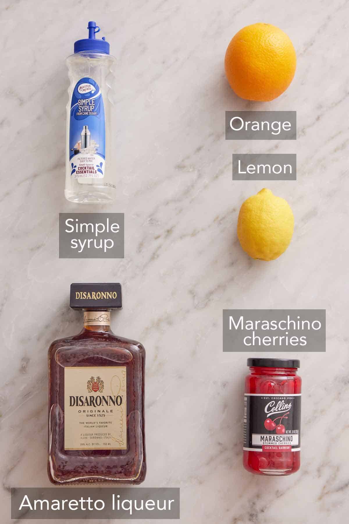 Ingredients needed to make an Amaretto Sour.