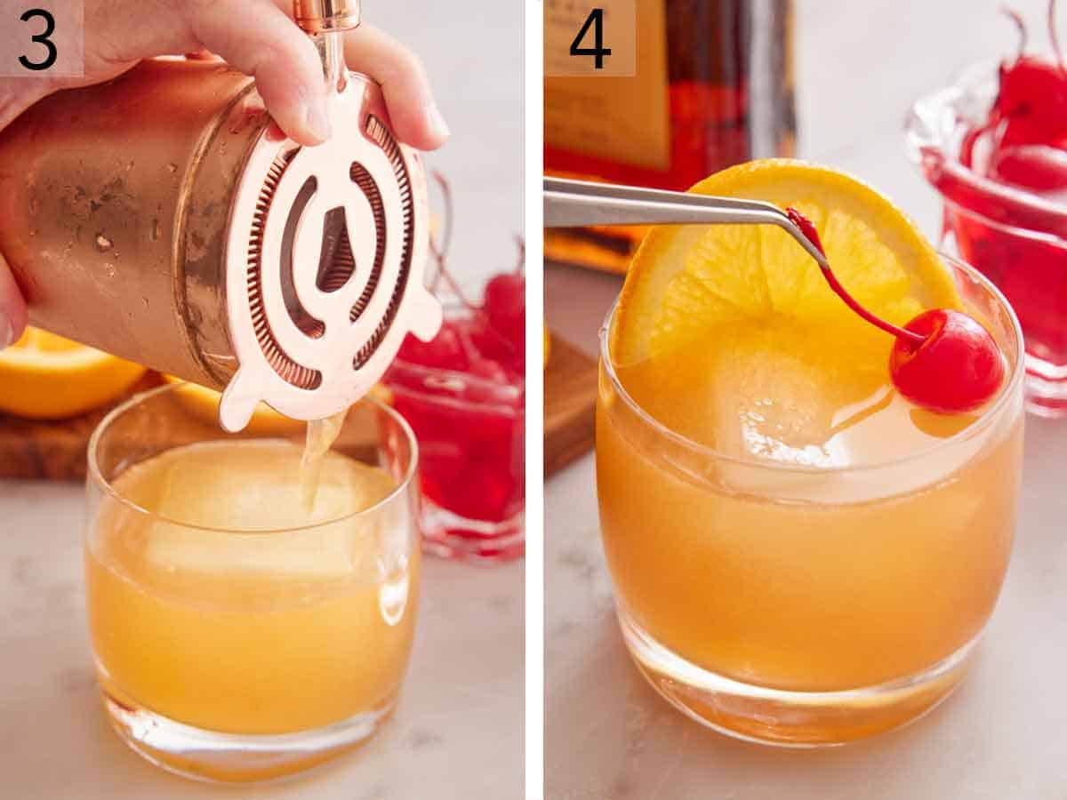 Set of two photos showing the cocktail strained from the shaker and garnished with a slice of orange and cherry.
