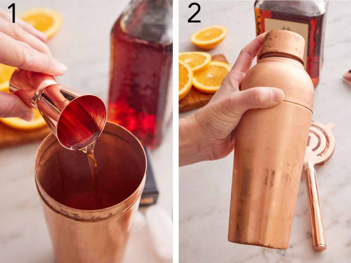 Set of two photos showing the liquid ingredients added to a shaker and then shaken.
