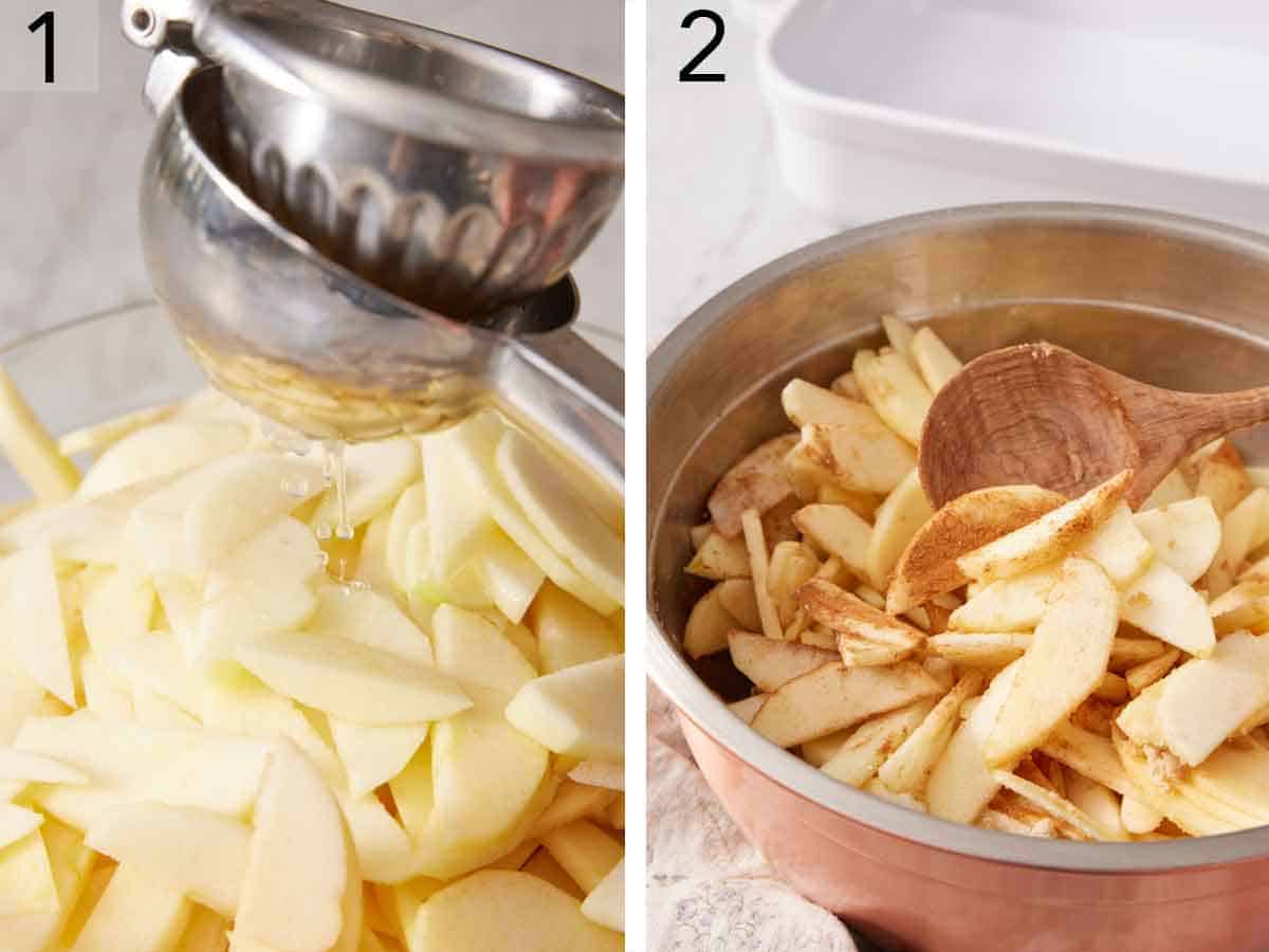 Set of two photos showing lemon juiced over apple slices and tossed with cinnamon and nutmeg.
