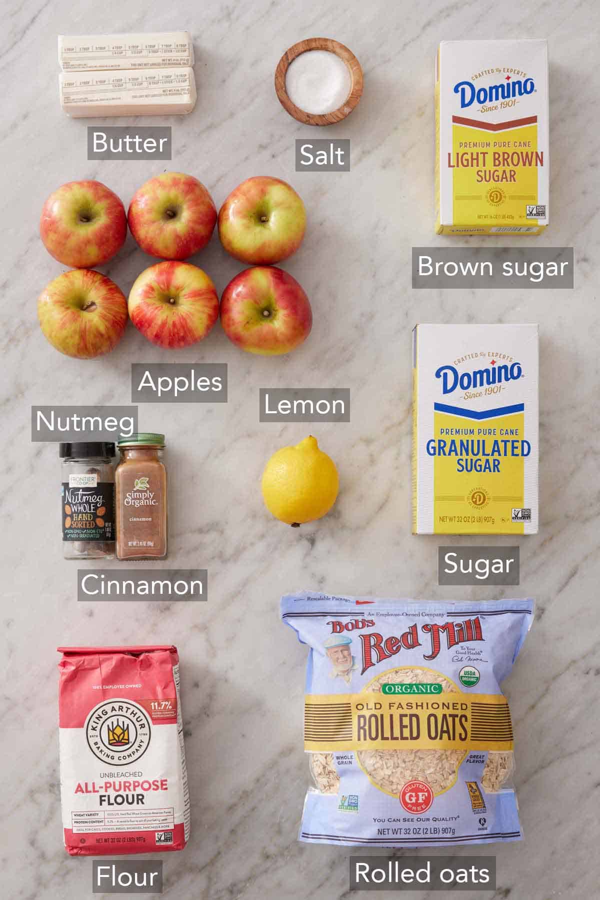 Ingredients needed to make apple crisp.