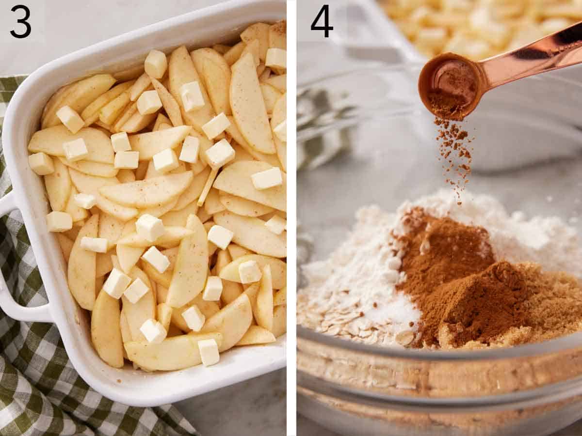 Set of two photos showing apples in a baking dish dotted with butter and cinnamon added to a bowl of topping ingredients.