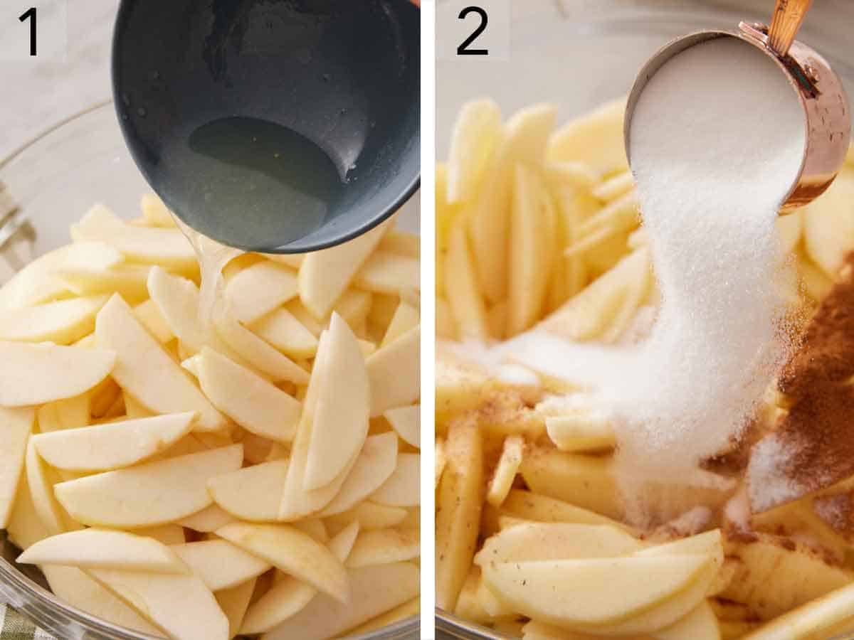 Set of two photos showing lemon juice, sugar, and cinnamon added to apple slices.