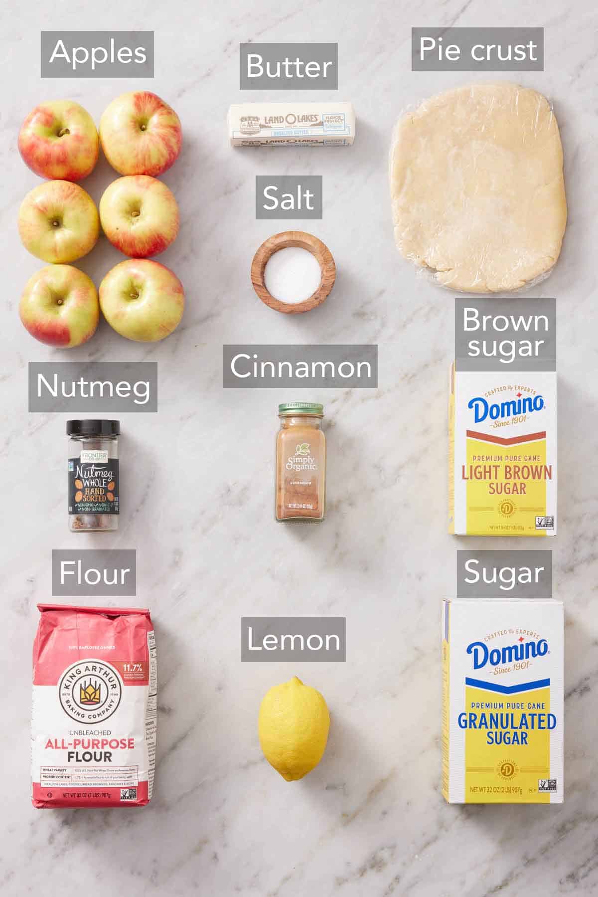 Ingredients needed to make apple crumble pie.
