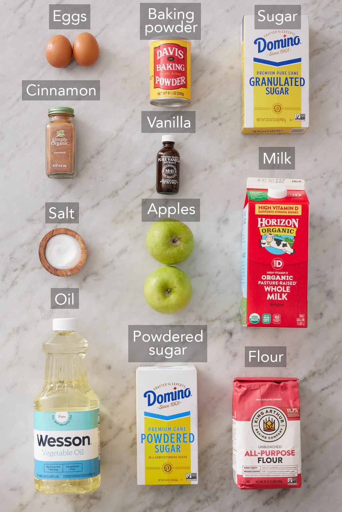 Ingredients needed to make apple fritters.