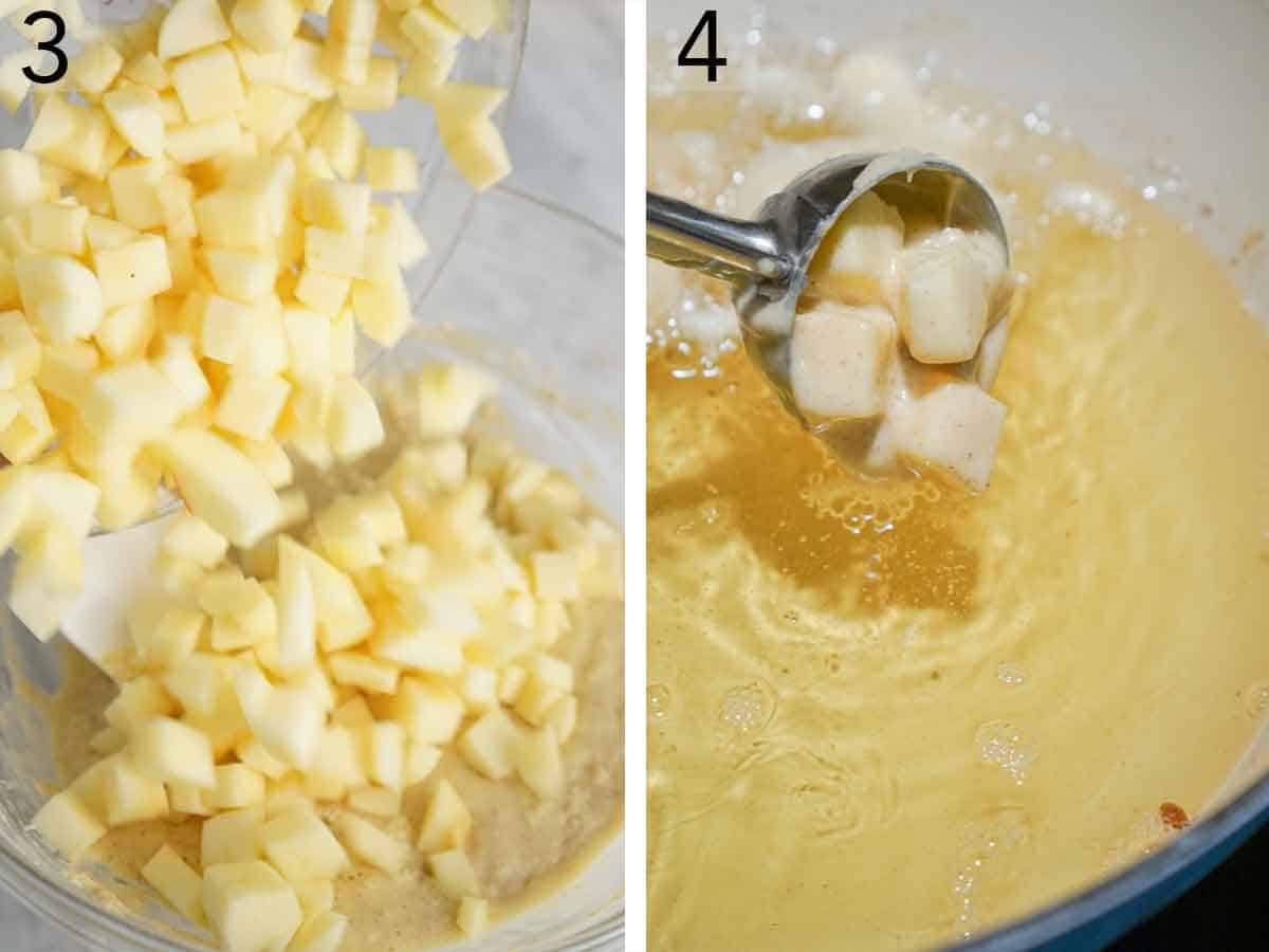 Set of two photos showing diced apples added to the batter then scooped into hot oil.