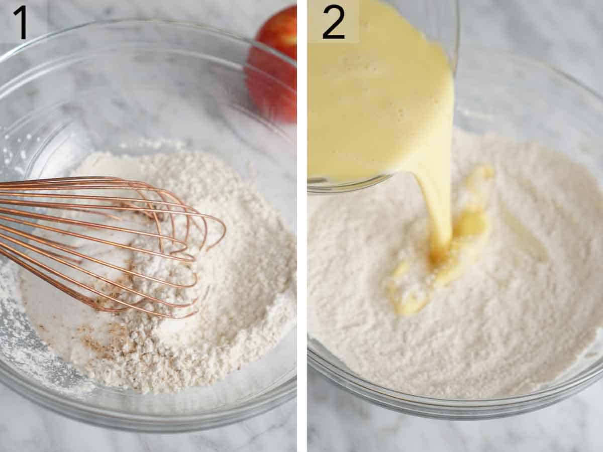 Set of two photos showing dry ingredients whisked together and egg mixture poured in.