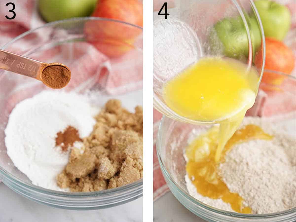 Set of two photos showing cinnamon added to a bowl with flour and sugar then melted butter added.