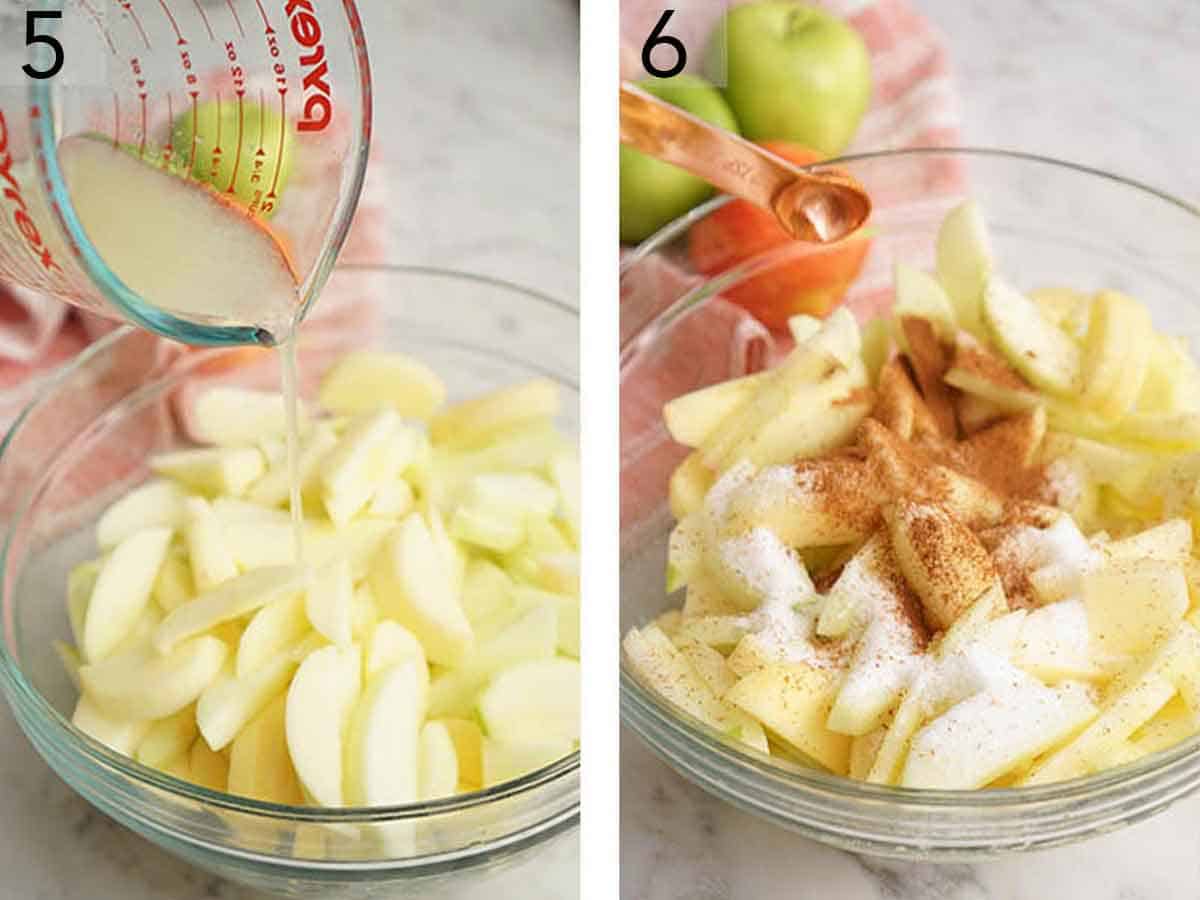 Set of two photos showing lemon juice and cinnamon added to sliced apples.