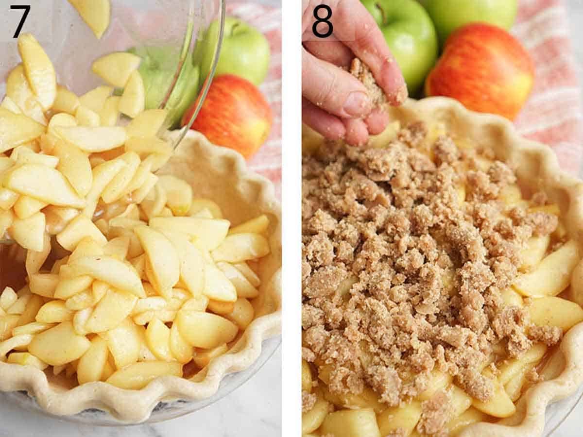 Set of two photos showing sliced apples poured into a pie crust and topped with crumble.