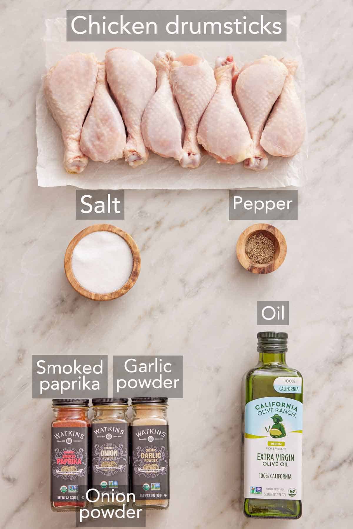Ingredients needed to make baked chicken legs.