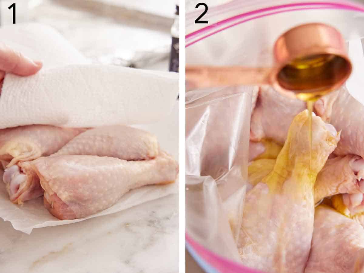 Set of two photos showing meat pat dry with a paper towel and oil added to it.