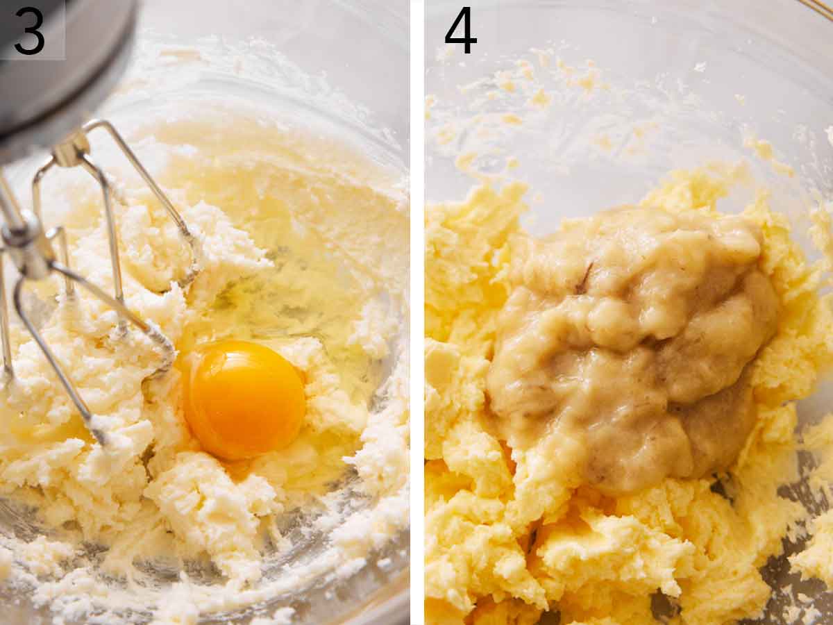 Set of two photos showing egg and mashed bananas added to the butter.
