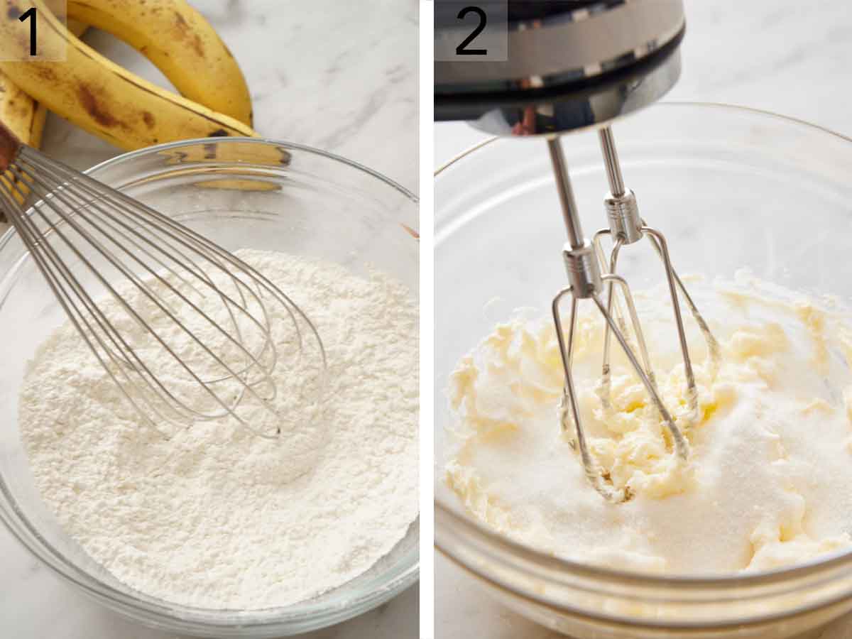 Set of two photos showing dry ingredients whisked and sugar and butter creamed.