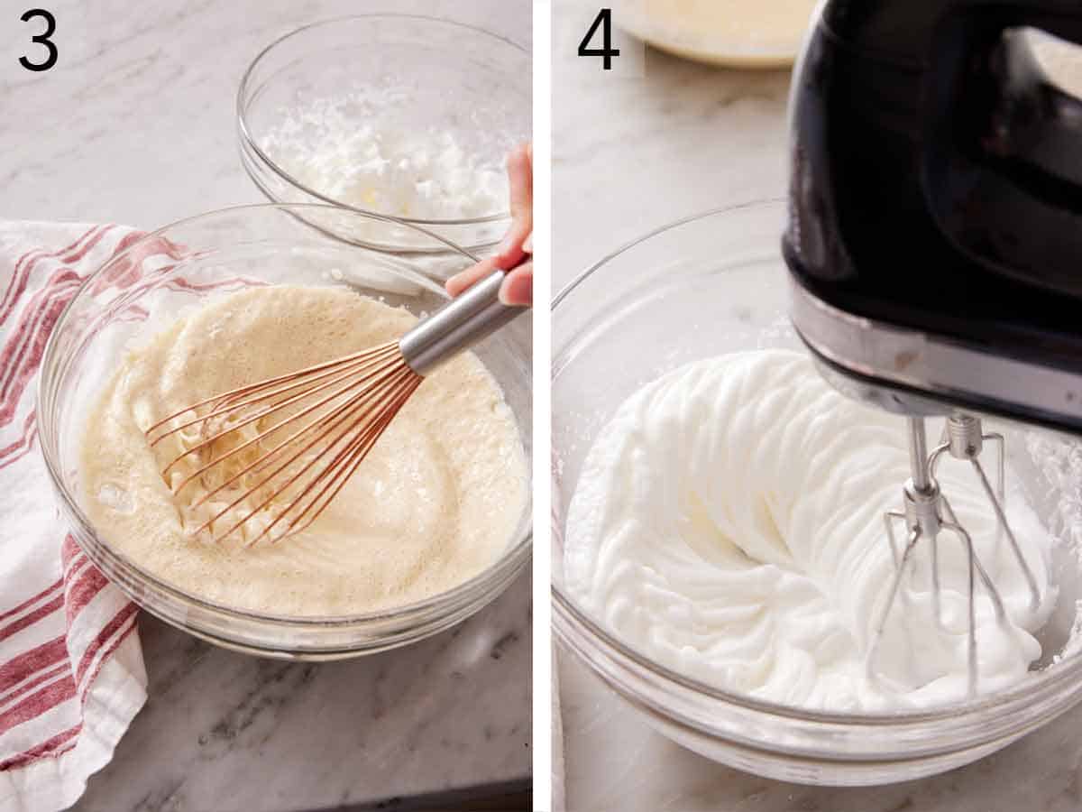 Set of two photos showing ingredients whisked together and egg whites whipped.