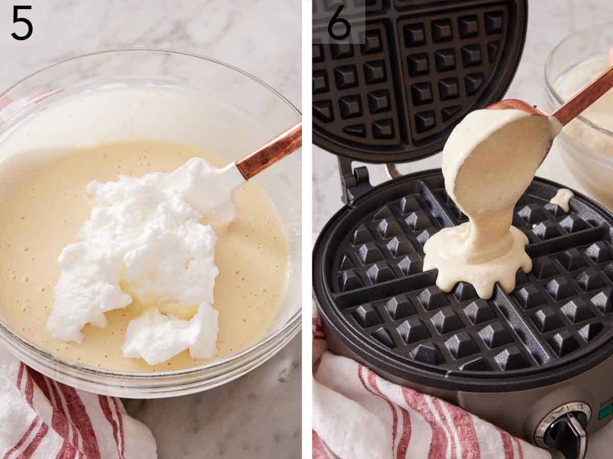 Set of two photos showing egg whites added to batter and batter scooped into a waffle maker.