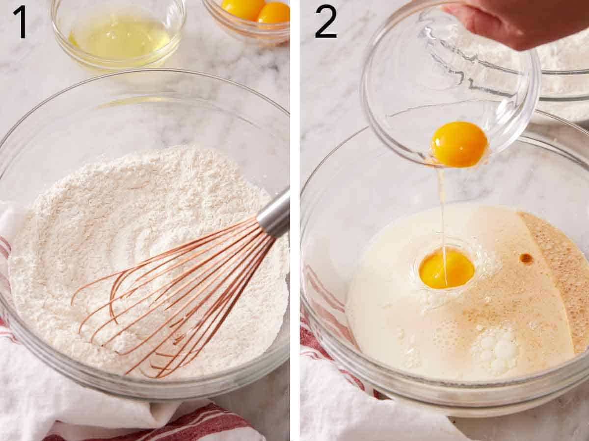 Set of two photos showing dry ingredients whisked together in a bowl and eggs added.