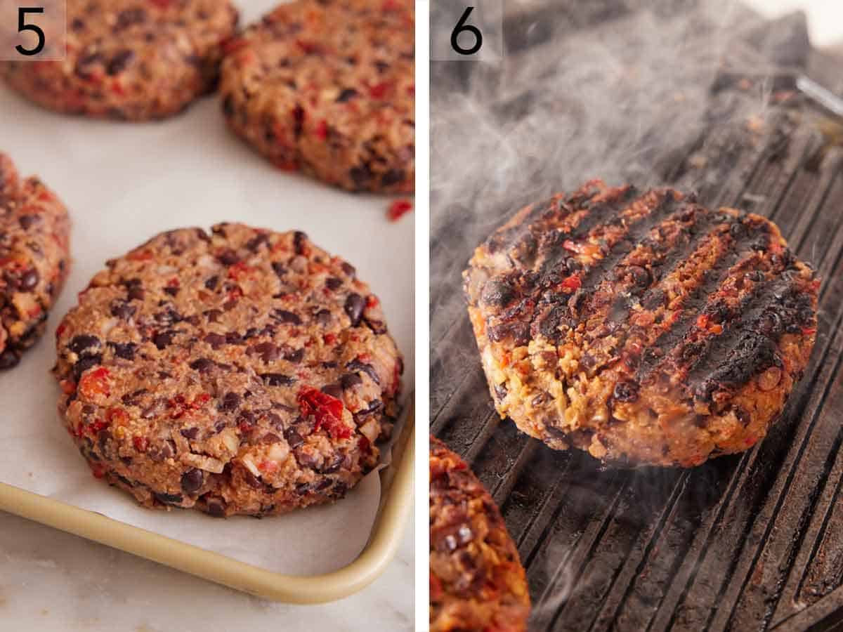 Set of two photos showing patties shaped on a sheet pan and then grilled.