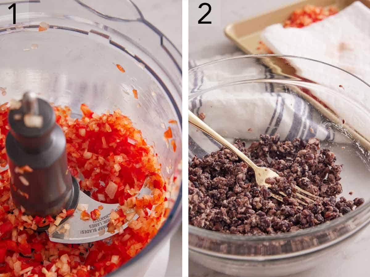 Set of two photos showing blended bell pepper, onion, and garlic in a food processor and a bowl of mashed black beans.
