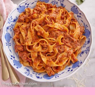Pinterest graphic of an overhead view of a bowl of plated bolognese.
