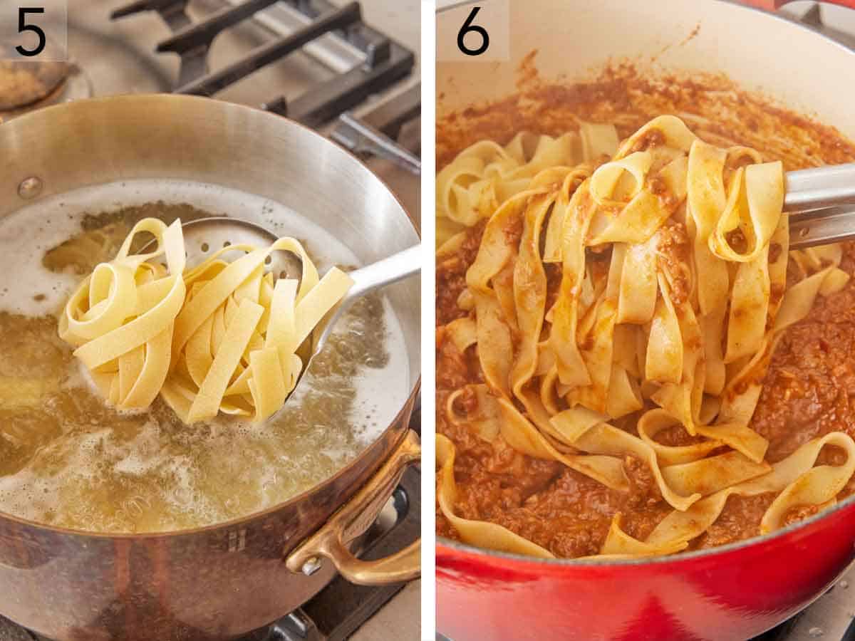 Set of two photos showing pasta strained from a pot of water and added to the bolognese in another pot.