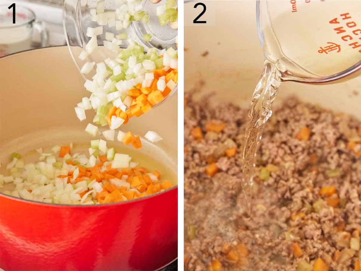 Set of two photos showing aromatics poured into a pot and white wine poured into the same pot.