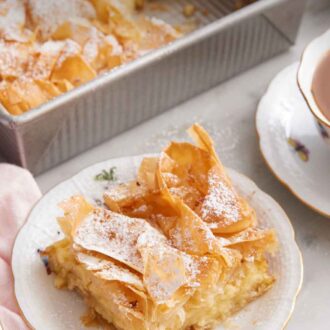 Pinterest graphic of a plate with a serving of Bougatsa and the baking pan with the rest in the background.
