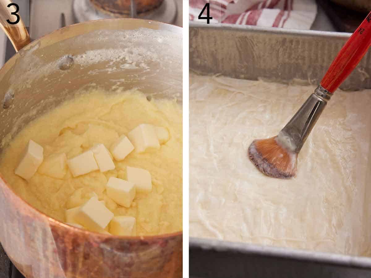 Set of two photos showing diced butter added to a saucepan and butter brushed onto phyllo sheets in a pan.