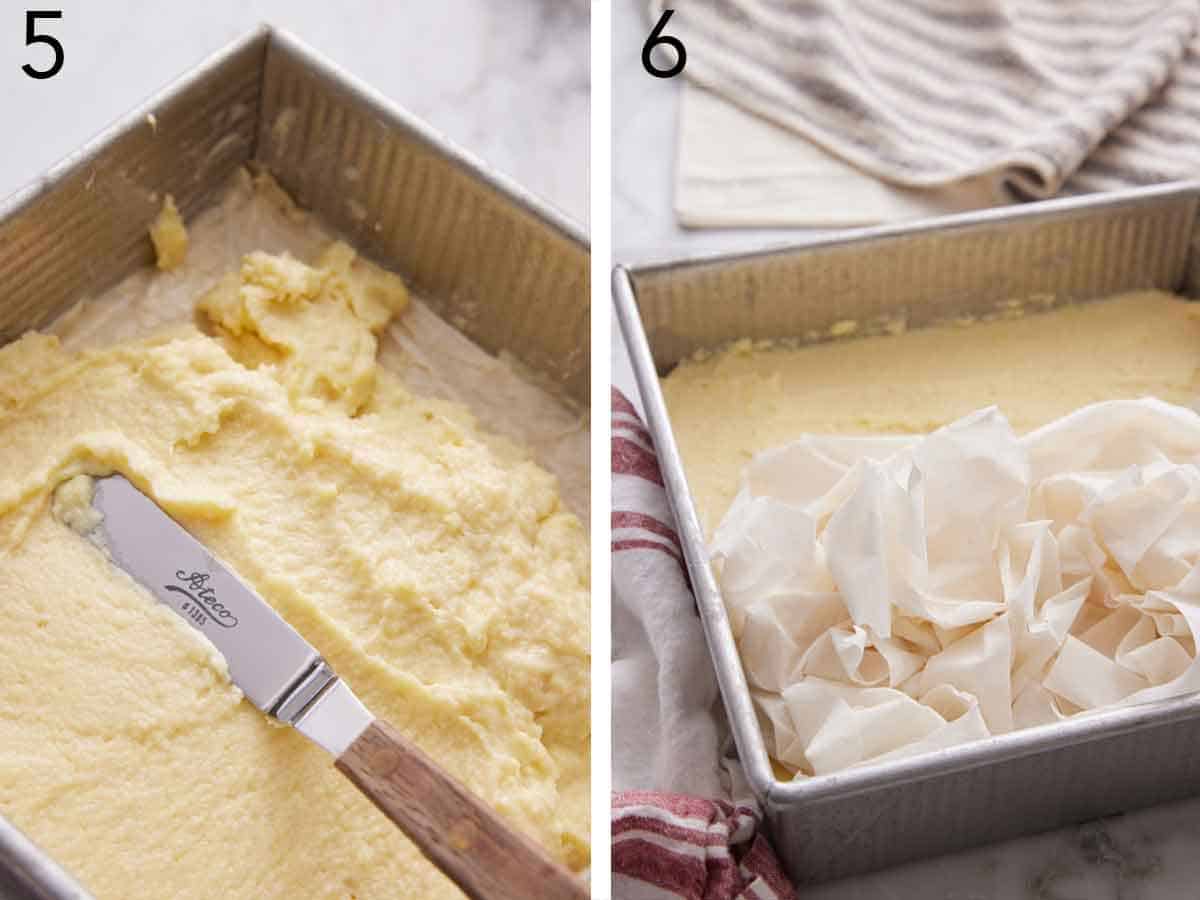 Set of two photos showing filling spread in a pan and topped with more phyllo dough.