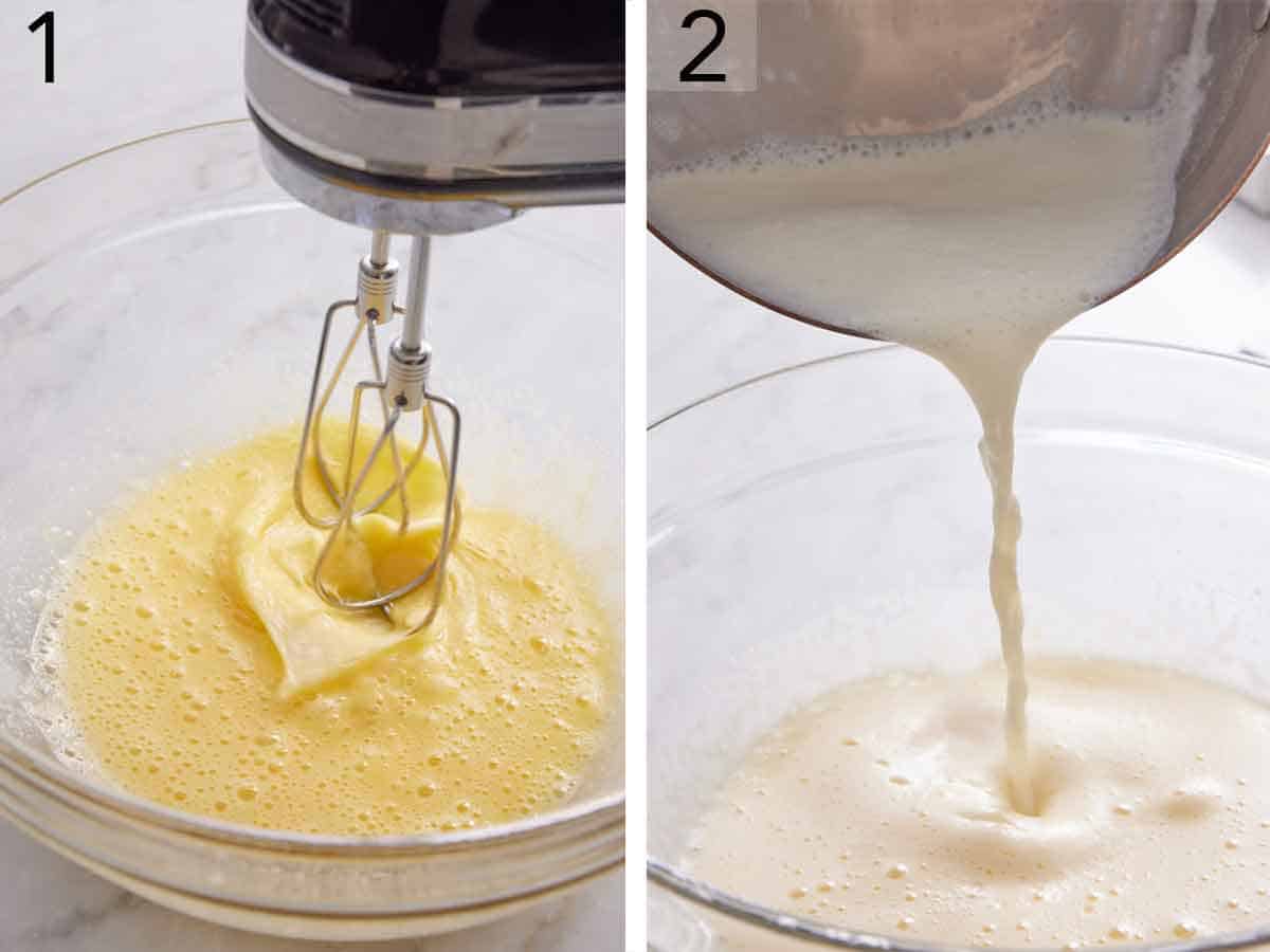 Set of two photos showing eggs beaten and milk poured into a bowl.