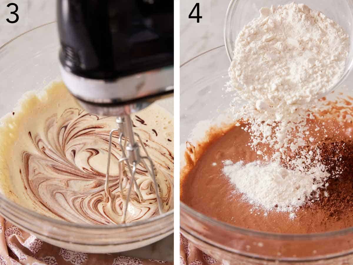 Set of two photos showing chocolate mixer beat into the batter and flour added.