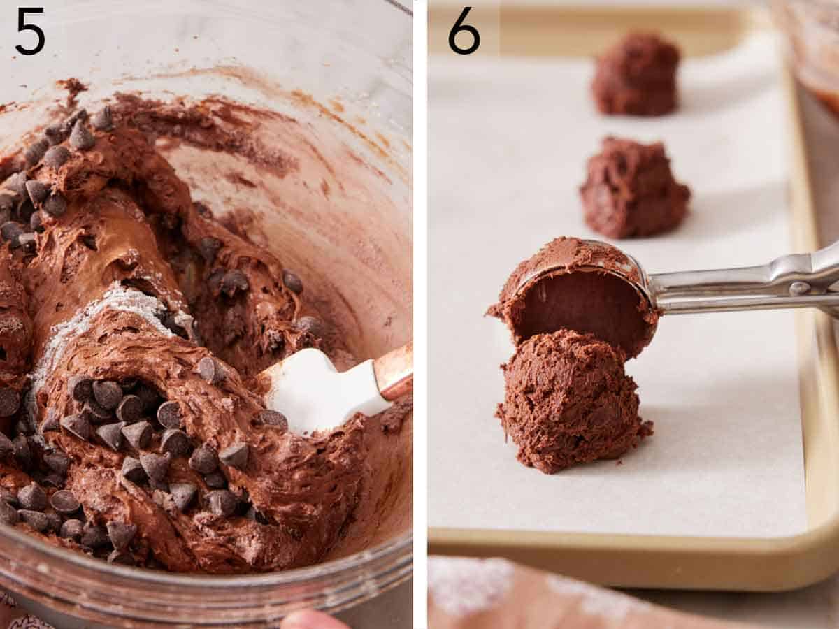 Set of two photos showing chocolate chips folded into the batter and scooped onto a lined sheet pan.