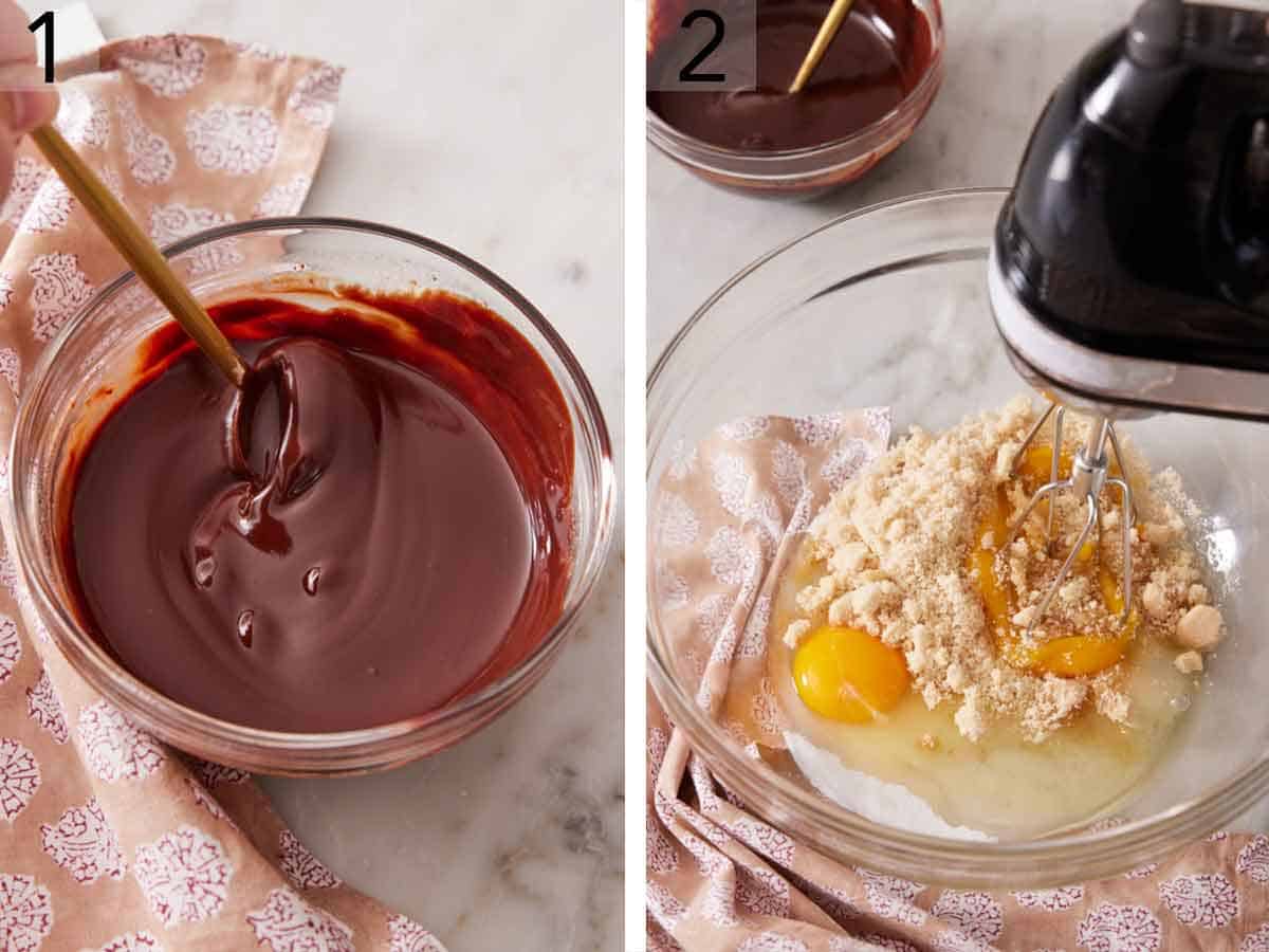 Set of two photos showing chocolate melted in a bowl and eggs mixed with sugar in another bowl.