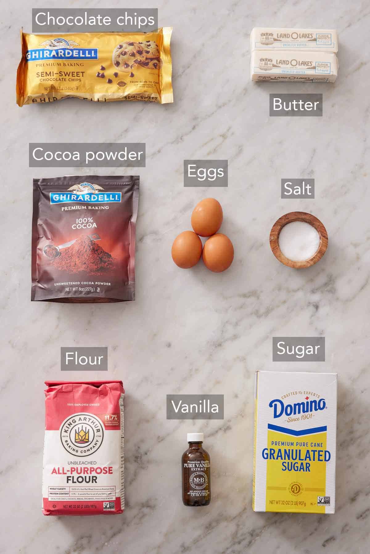 Ingredients needed to make a brownie recipe.