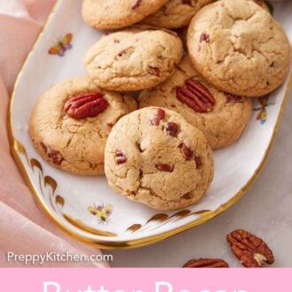Pinterest graphic of a long oval platter of butter pecan cookies.