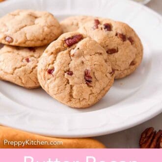 Pinterest graphic of a plate with multiple butter pecan cookies with milk in the background.
