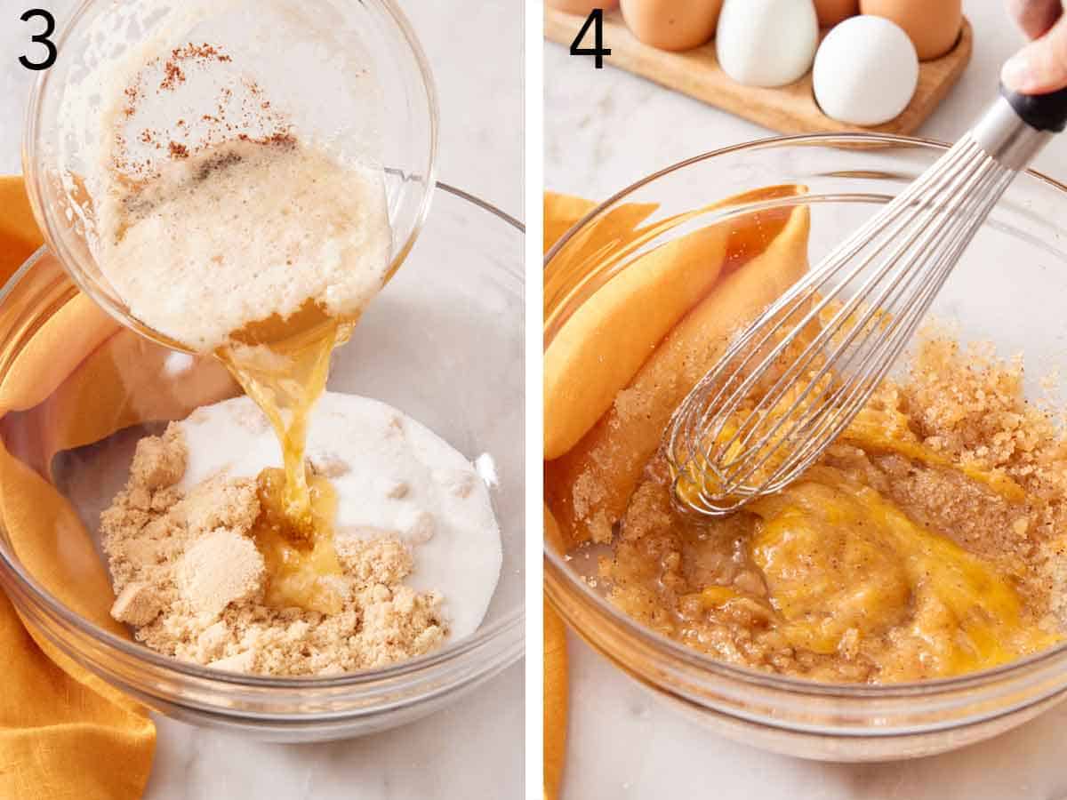 Set of two photos showing browned butter poured into a bowl of sugar and whisked together.