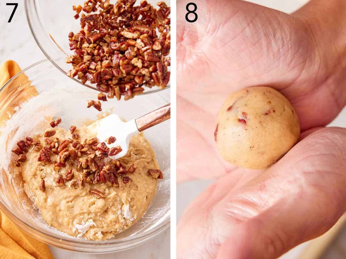 Set of two photos showing butter added to the batter and dough ball rolled.