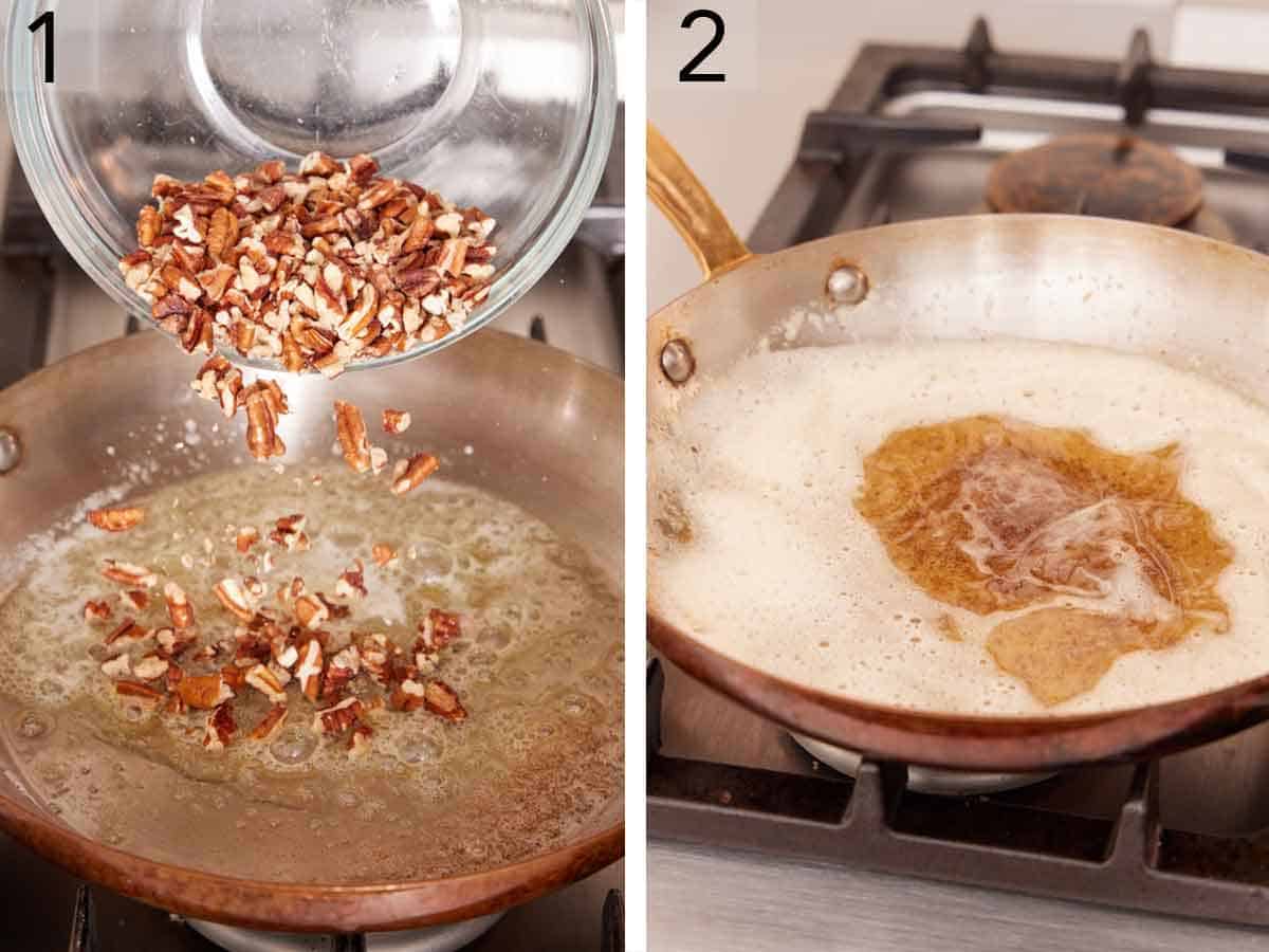 Set of two photos showing chopped pecans added to melted butter in a pan.