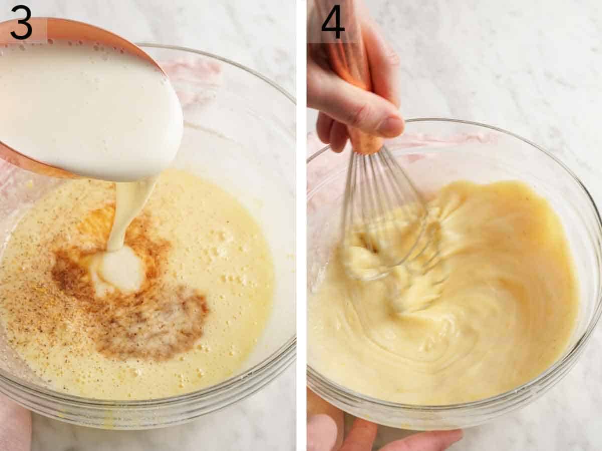 Set of two photos showing buttermilk added to the egg mixture in a bowl and whisked together.