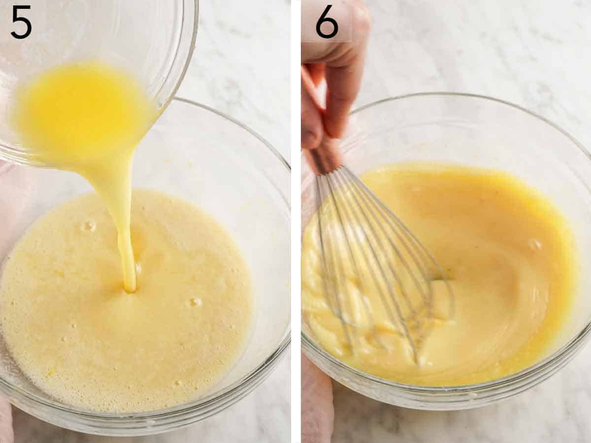 Set of two photos showing melted butter whisked into the filling mixture.
