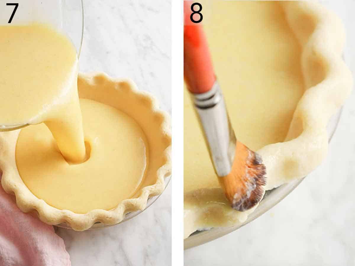 Set of two photos showing filling mixture poured into a pie crust and the edges brushed with an egg wash.