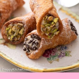 Pinterest graphic of a stack of cannoli with crushed pistachos in two and chocolate chips in another.
