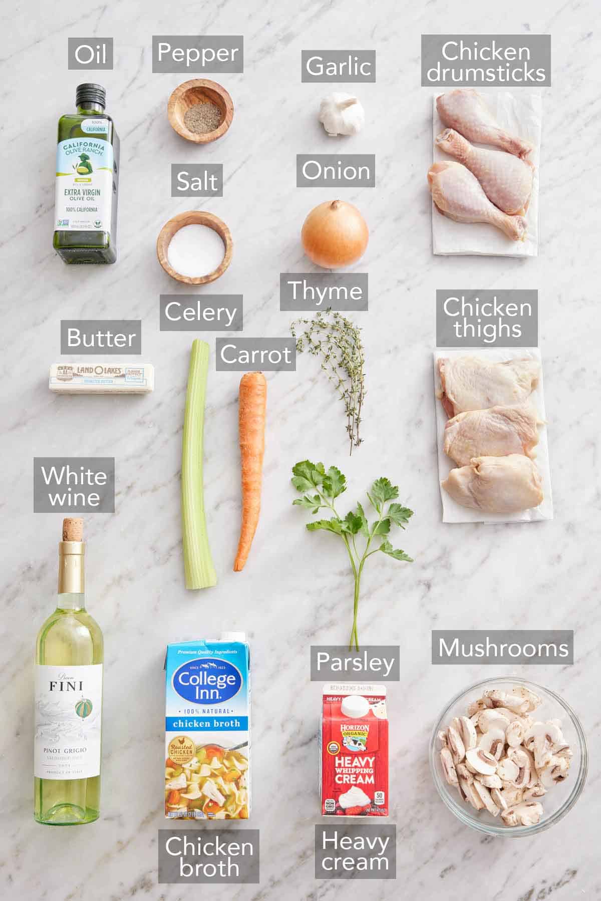 Ingredients needed to make chicken fricassée.