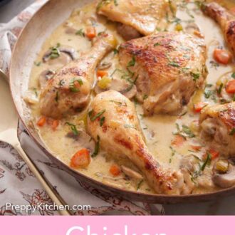 Pinterest graphic of a skillet of chicken fricassée with torn bread in the background.