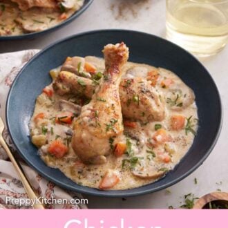 Pinterest graphic of plated chicken fricassée with a glass of wine, bread, and second plate in the background.