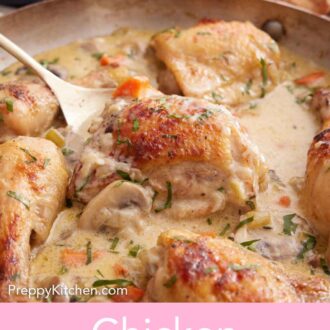 Pinterest graphic of a skillet of chicken fricassée with a spoon tucked under a chicken thigh.