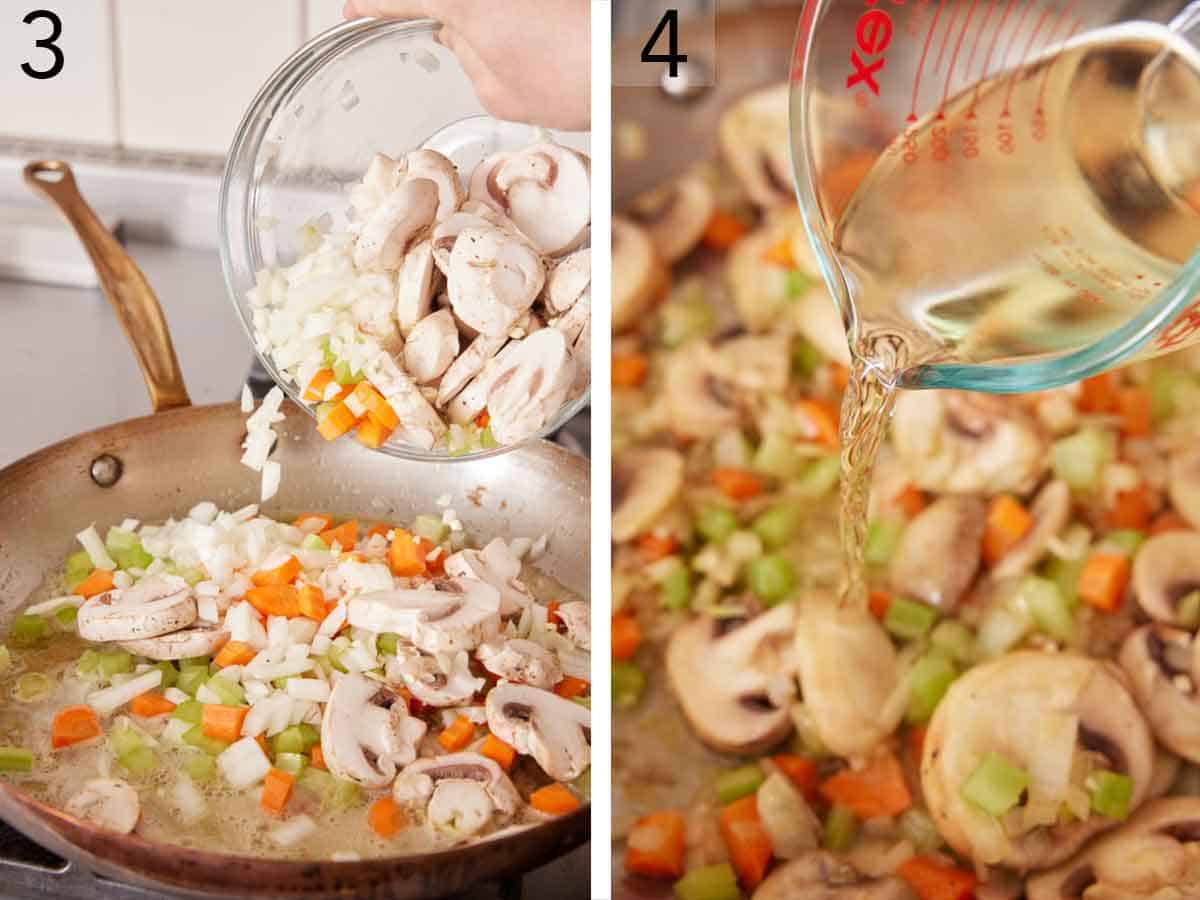 Set of two photos showing onions, celery, carrots, mushrooms, and wine added to a skillet.