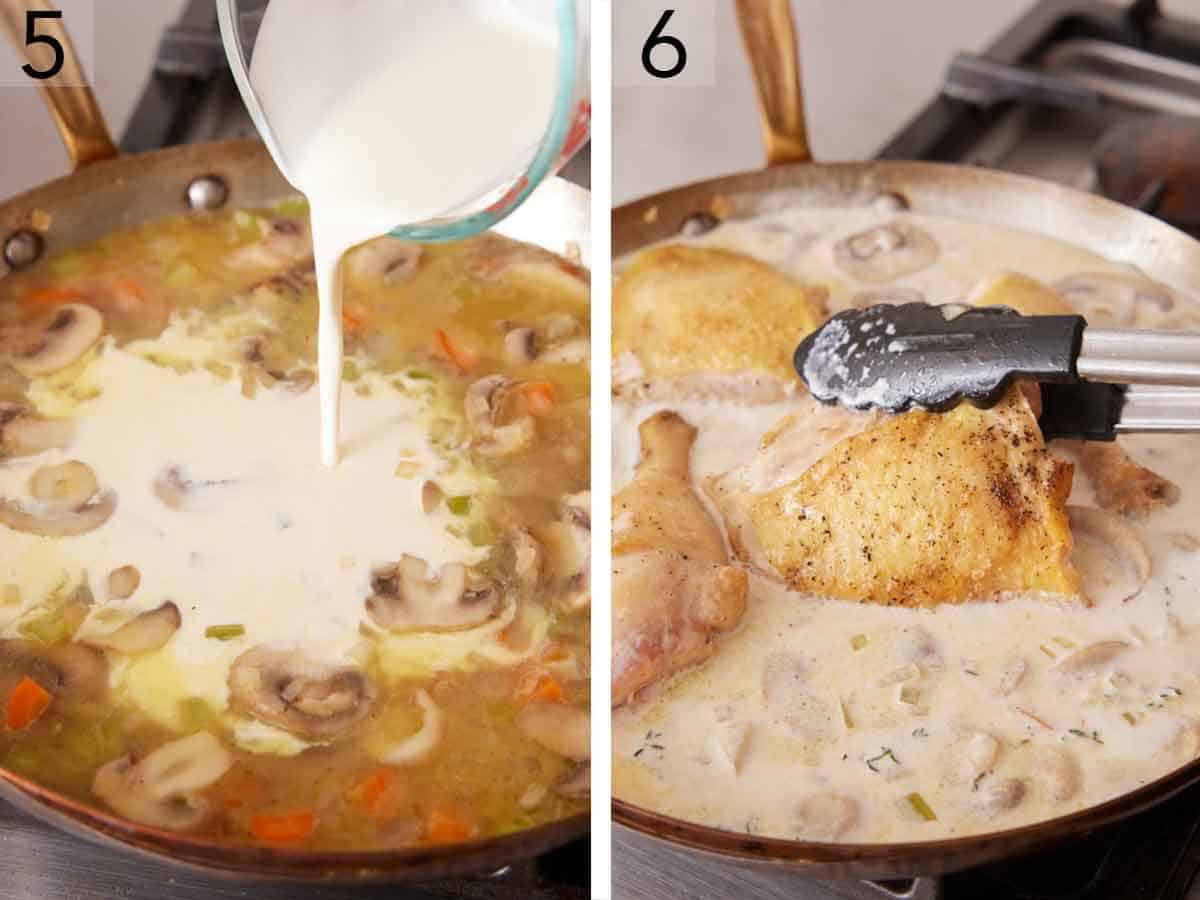 Set of two photos showing heavy cream and chicken added to the skillet.