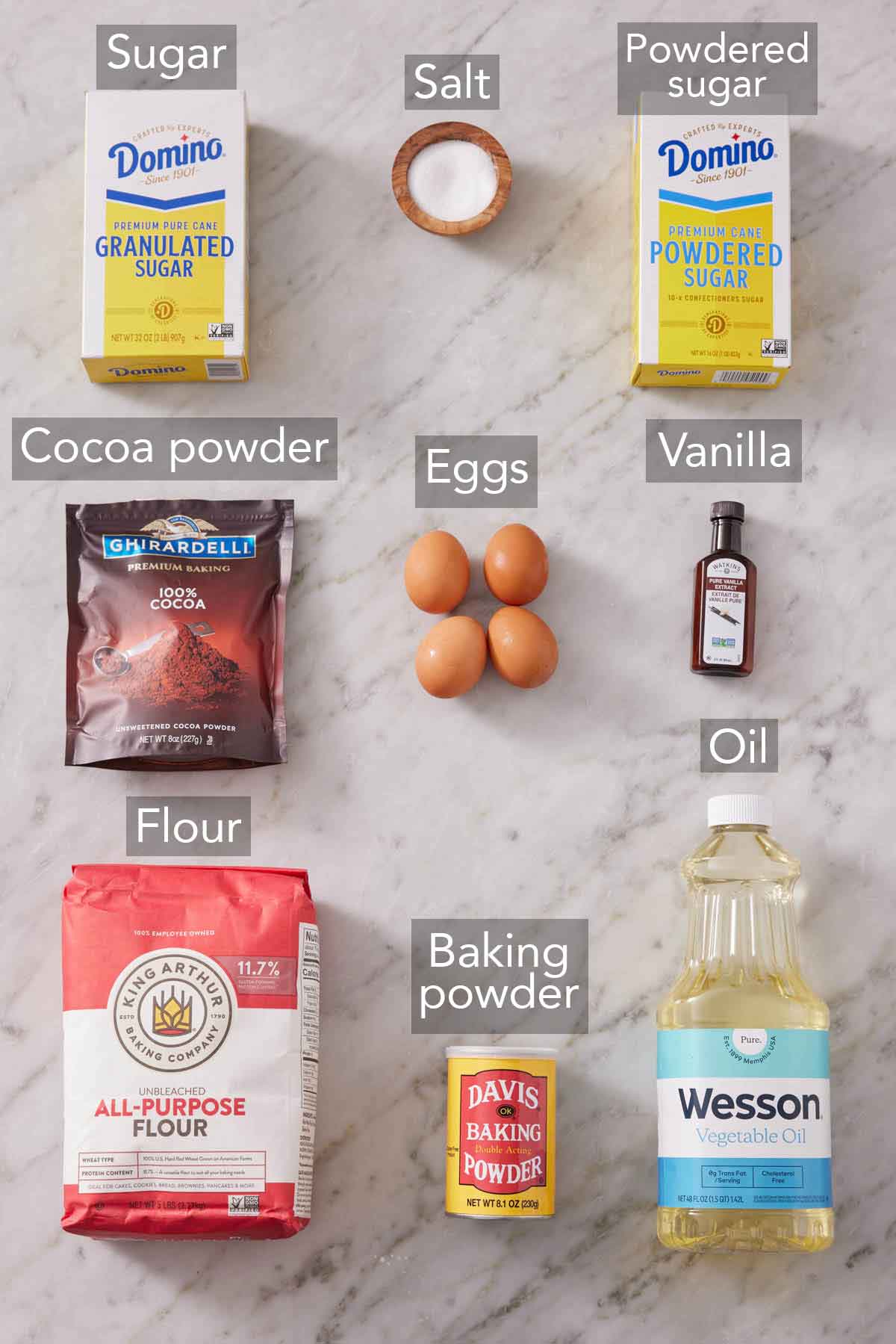 Ingredients needed to make chocolate crinkle cookies.